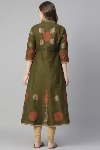 Dark mehndi cotton printed anarkali kurta