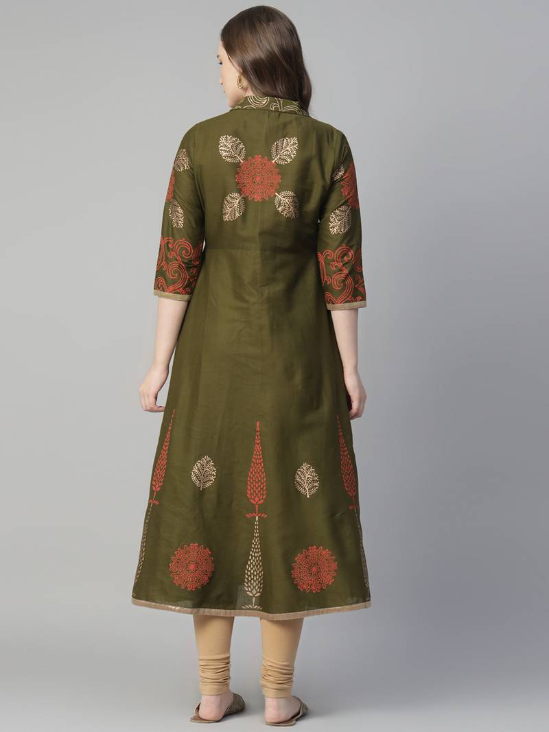 Dark mehndi cotton printed anarkali kurta