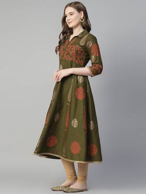 Dark mehndi cotton printed anarkali kurta 4