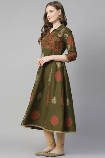 Dark mehndi cotton printed anarkali kurta