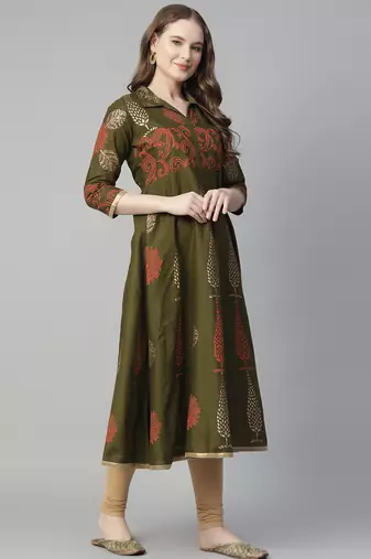 Dark mehndi cotton printed anarkali kurta