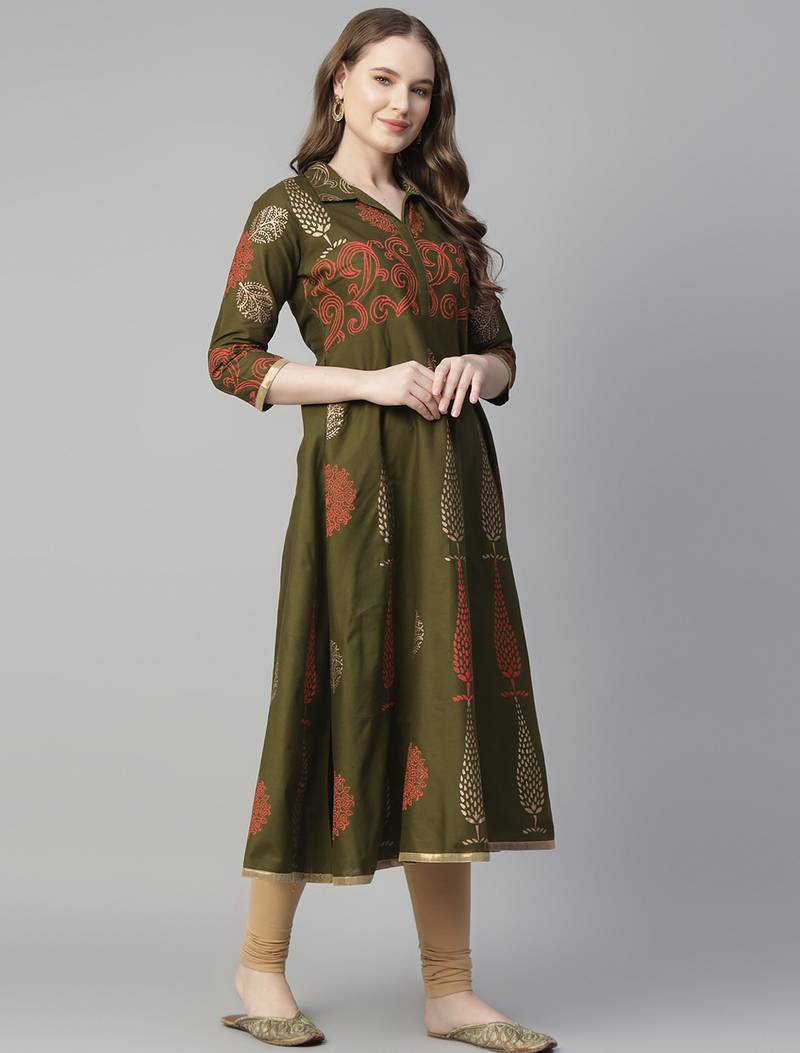 Dark mehndi cotton printed anarkali kurta