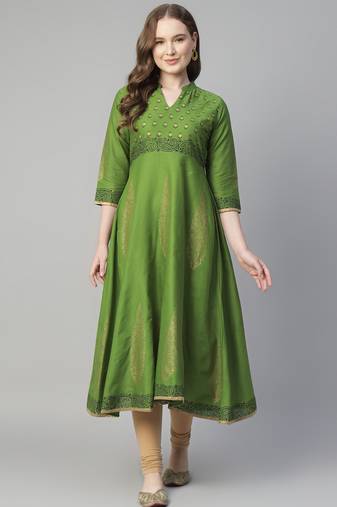Green cotton printed anarkali kurta