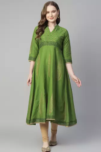 Green cotton printed anarkali kurta