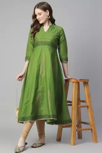 Green cotton printed anarkali kurta