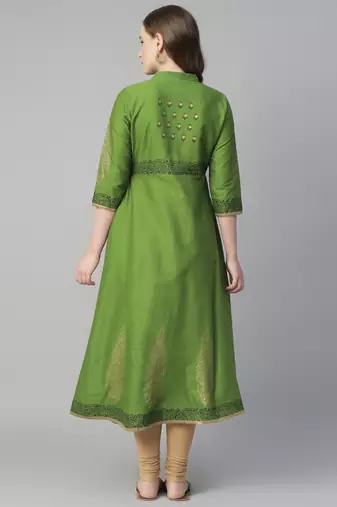 Green cotton printed anarkali kurta