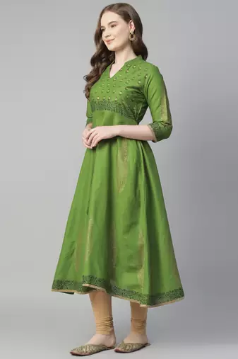 Green cotton printed anarkali kurta