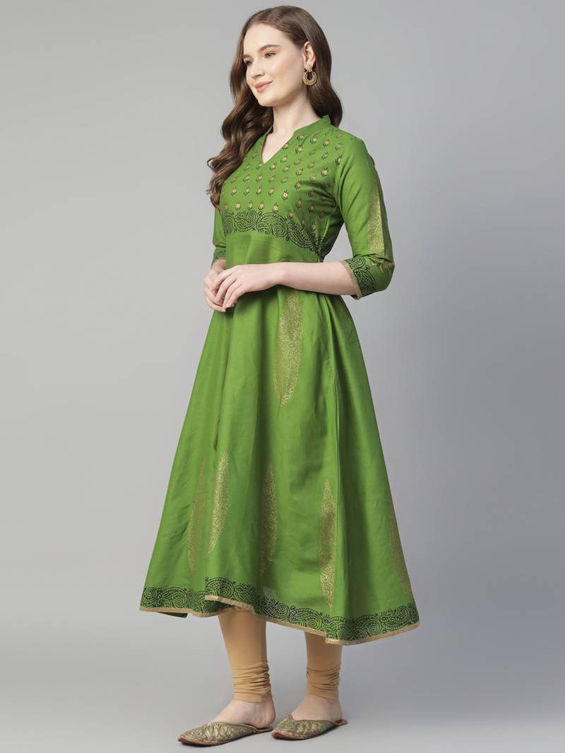 Green cotton printed anarkali kurta