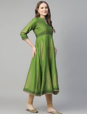 Green cotton printed anarkali kurta 5