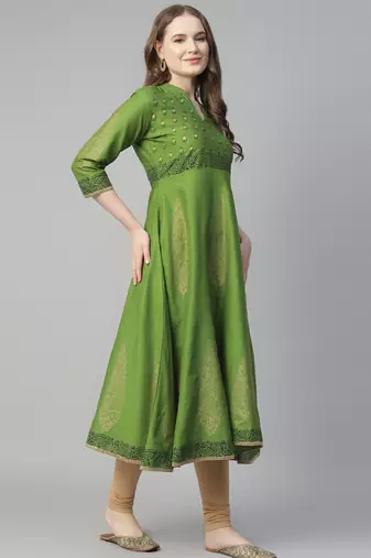 Green cotton printed anarkali kurta