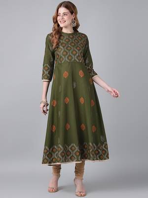 Dark olive cotton printed anarkali kurta 1
