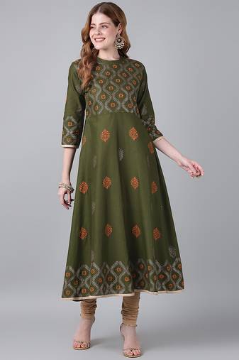 Dark olive cotton printed anarkali kurta