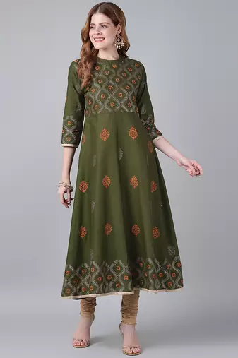 Dark olive cotton printed anarkali kurta