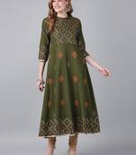 Dark olive cotton printed anarkali kurta