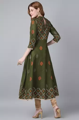 Dark olive cotton printed anarkali kurta