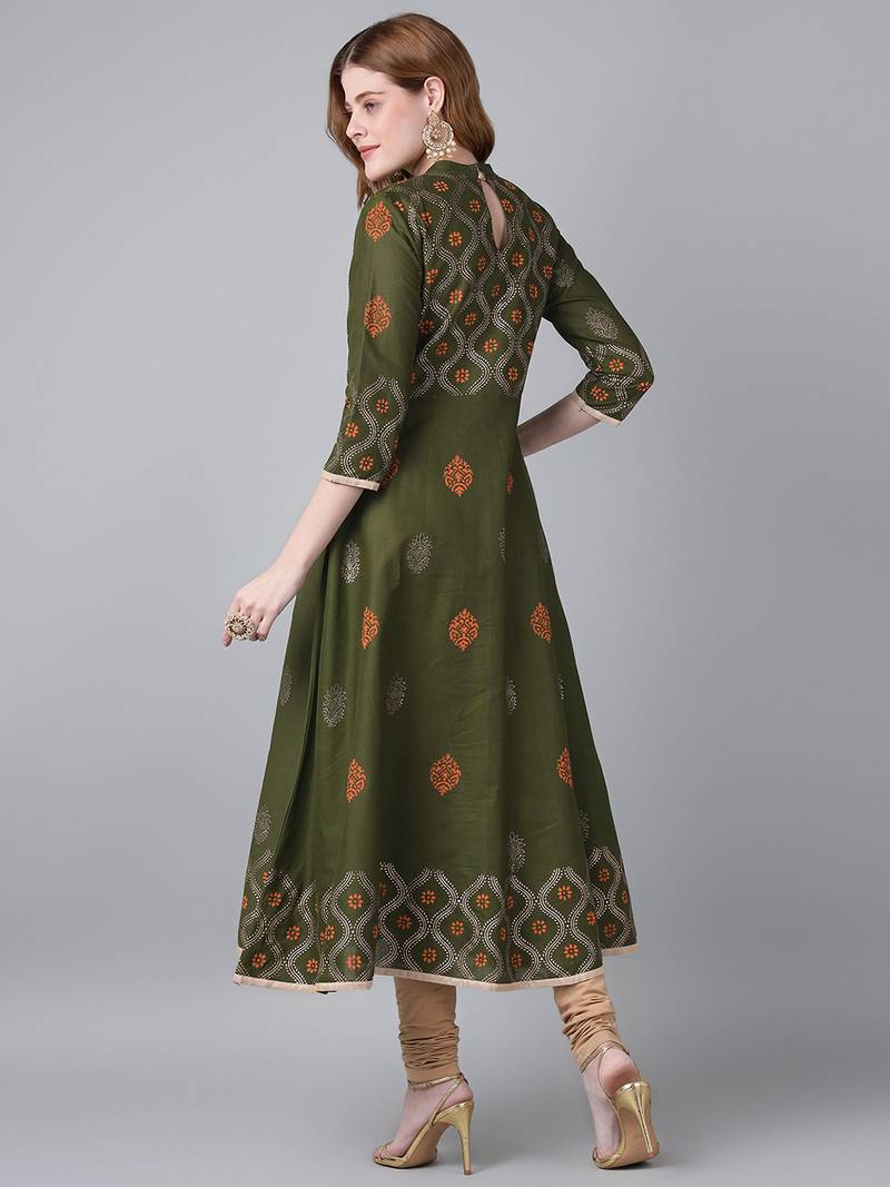 Dark olive cotton printed anarkali kurta