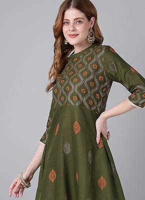 Dark olive cotton printed anarkali kurta 3