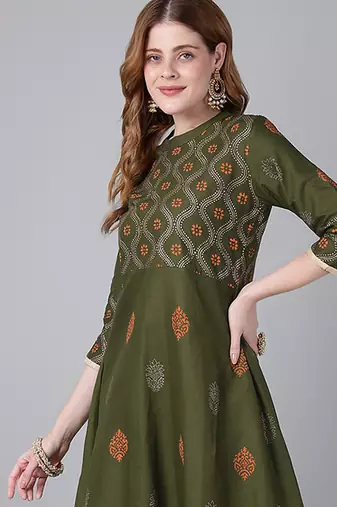 Dark olive cotton printed anarkali kurta