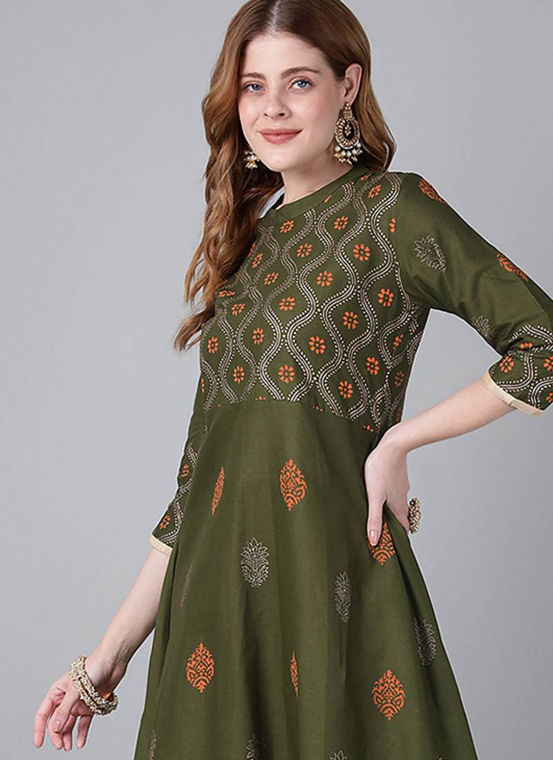 Dark olive cotton printed anarkali kurta