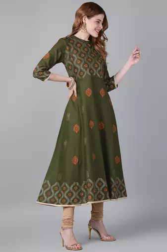 Dark olive cotton printed anarkali kurta