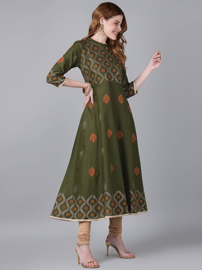 Dark olive cotton printed anarkali kurta
