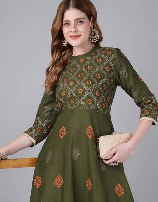 Dark olive cotton printed anarkali kurta 5