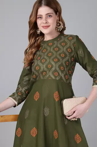 Dark olive cotton printed anarkali kurta