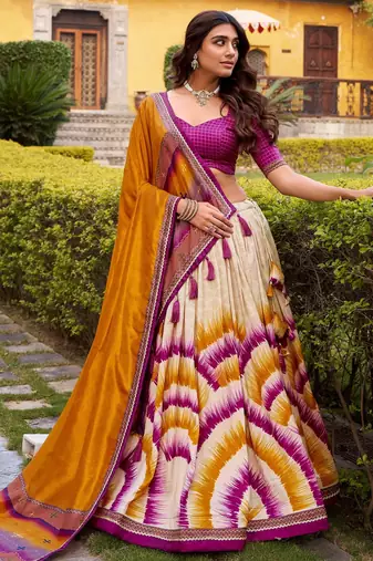 wine tussar silk tie dye printed lehenga choli set