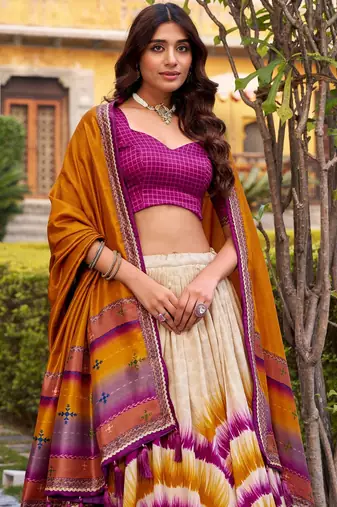 wine tussar silk tie dye printed lehenga choli set