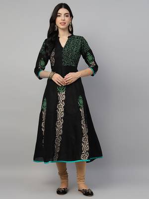 Black cotton printed anarkali kurta 1