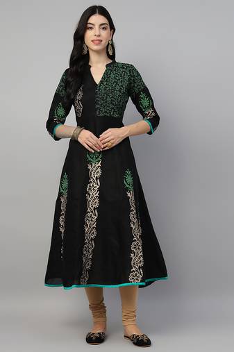 Black cotton printed anarkali kurta