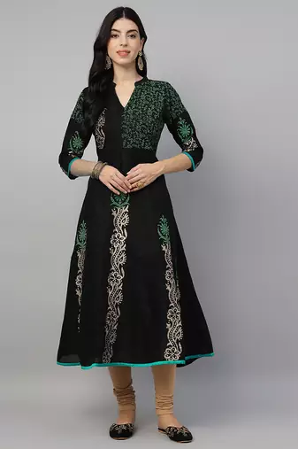 Black cotton printed anarkali kurta