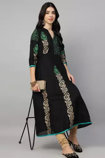 Black cotton printed anarkali kurta