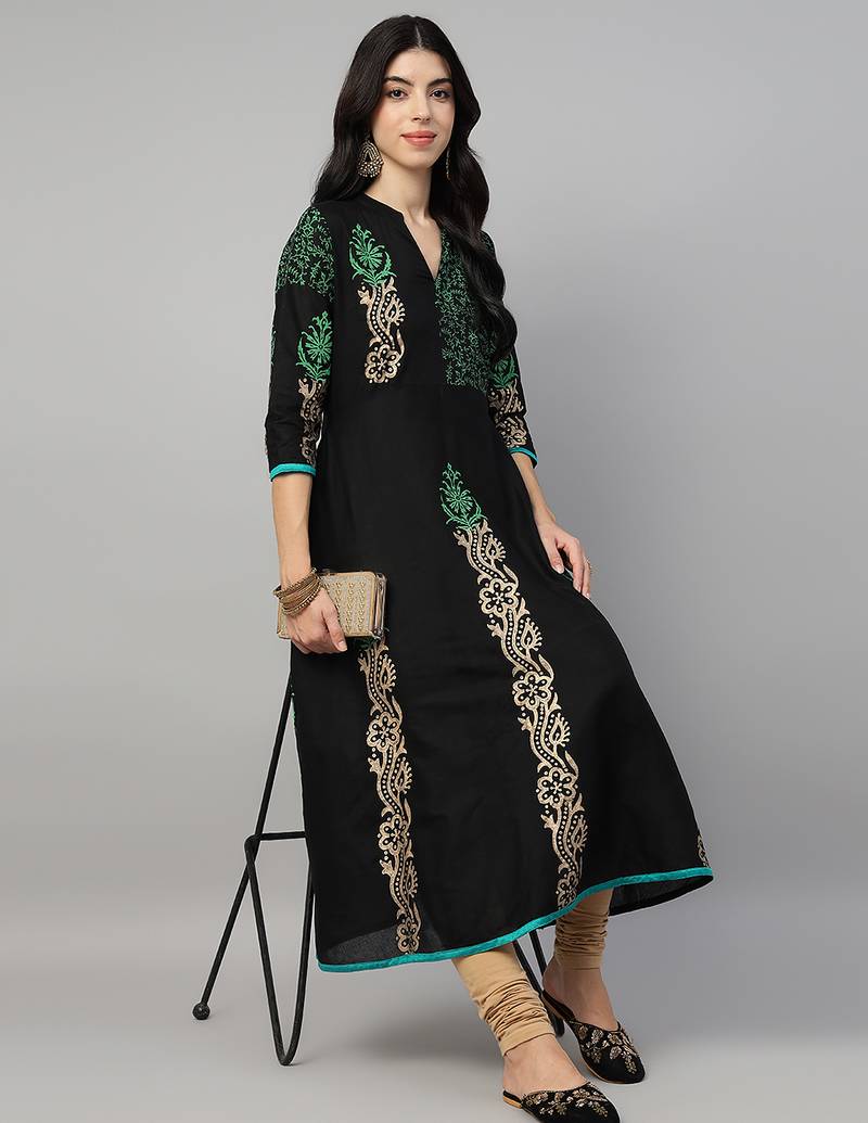 Black cotton printed anarkali kurta