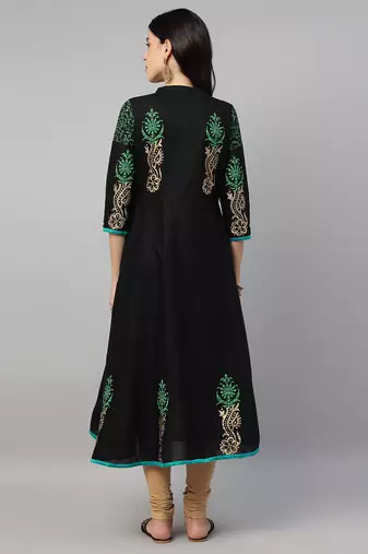 Black cotton printed anarkali kurta