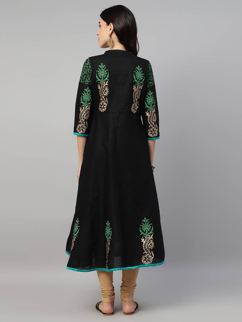 Black cotton printed anarkali kurta
