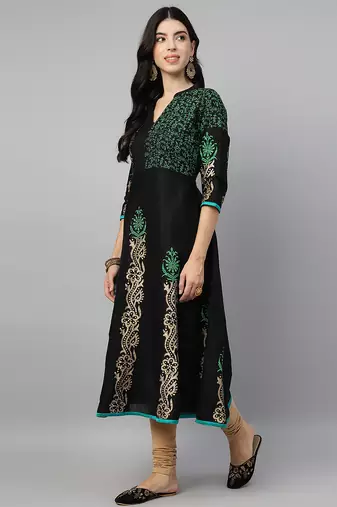Black cotton printed anarkali kurta