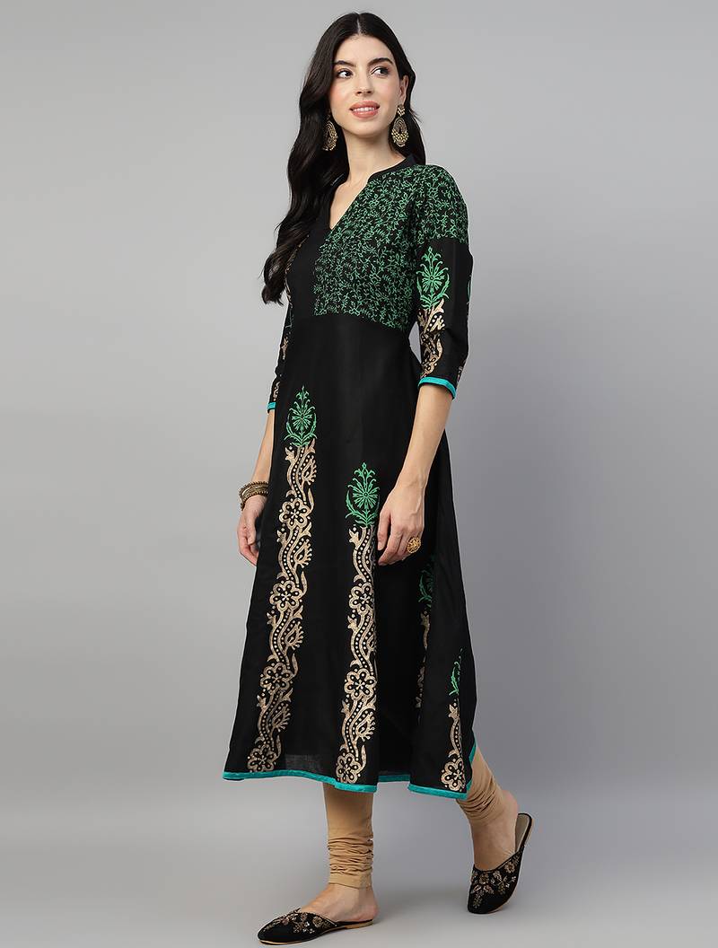 Black cotton printed anarkali kurta