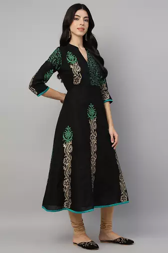 Black cotton printed anarkali kurta