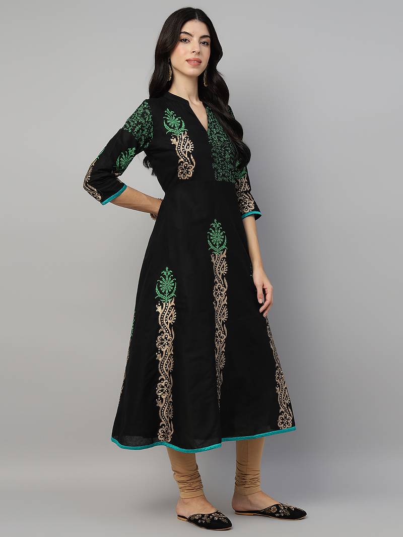 Black cotton printed anarkali kurta