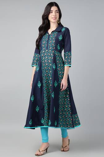 Navy cotton printed anarkali kurta