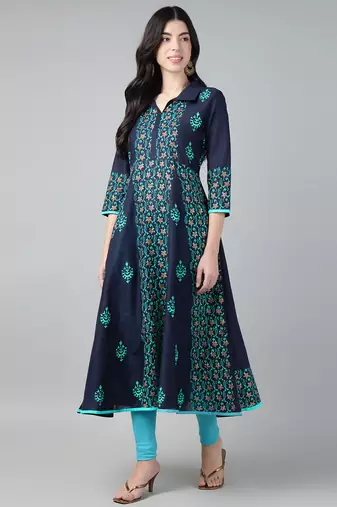 Navy cotton printed anarkali kurta
