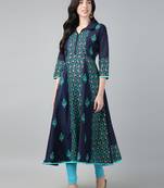 Navy cotton printed anarkali kurta