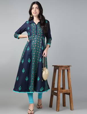 Navy cotton printed anarkali kurta 2
