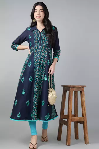 Navy cotton printed anarkali kurta