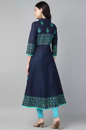 Navy cotton printed anarkali kurta