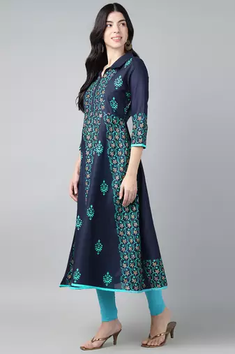 Navy cotton printed anarkali kurta
