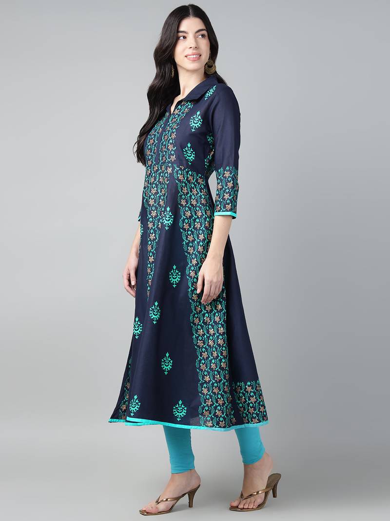 Navy cotton printed anarkali kurta