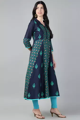 Navy cotton printed anarkali kurta
