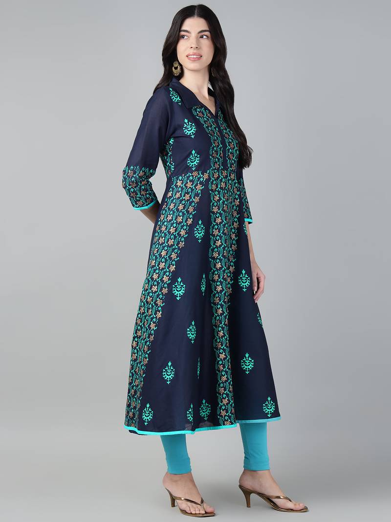 Navy cotton printed anarkali kurta